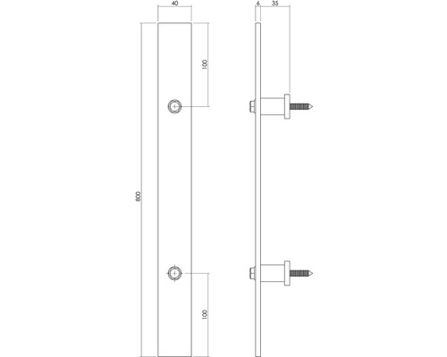 Technische Zeichnung eines Halters mit Schrauben und Maßangaben