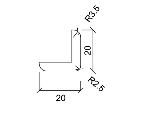 Technische Zeichnung eines Winkelprofils mit den Maßen 20 x 20 mm und Radien von 2,5 und 3,5 mm