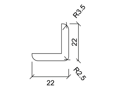 Technische Zeichnung eines Winkelprofils mit den Maßen 22, Radius 3.5 und Radius 2.5