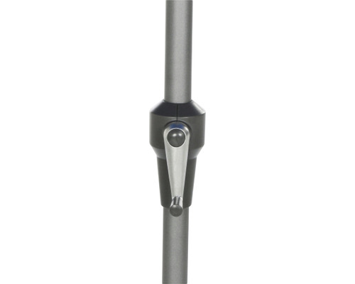 Detailaufnahme eines höhenverstellbaren Tischbeins aus Metall mit Hebelmechanismus.