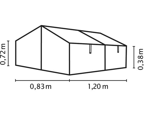 Abmessungsskizze eines Partyzeltes mit Höhen- und Längenangaben in Metern