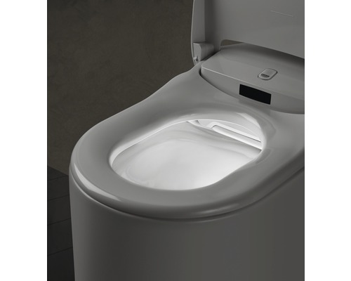 Nahaufnahme einer Toilette mit offenem Deckel und Innenbeleuchtung.