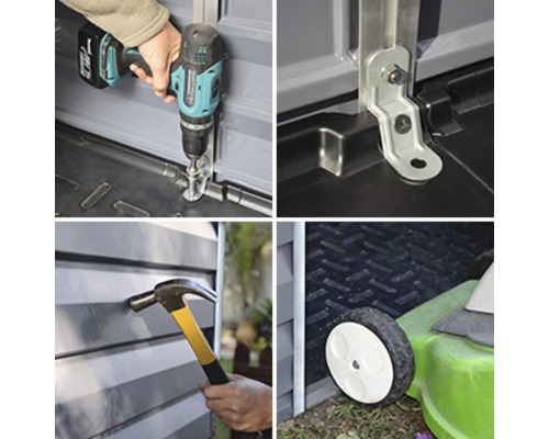 Detailansicht einer Gartenbox Montage mit Werkzeugen.