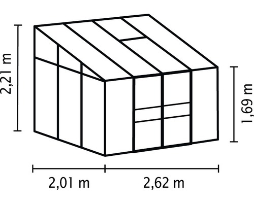 Abbildung eines Gewächshauses mit den Maßen 2,21 m Höhe, 2,01 m Breite und 2,62 m Länge.