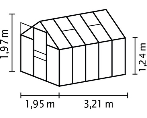 Abbildung eines Gewächshauses mit den Maßen 1,97 Meter Höhe, 1,95 Meter Breite und 3,21 Meter Länge