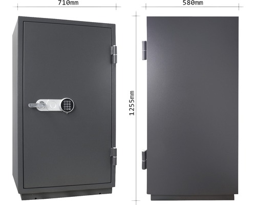 Grauer Tresor mit den Maßen 710 mm Breite, 580 mm Tiefe und 1255 mm Höhe, ausgestattet mit einem digitalen Zahlenschloss und einem Schlüssel