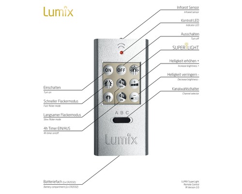 Lumix Superlight Fernbedienung mit Infrarotsensor, LED Anzeige, Helligkeitsregler, Kanalwahlschalter und Timerfunktion