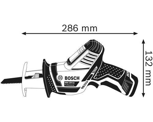 Bosch Säbelsäge GSA 12V-14 Professional mit Maßangaben: Länge 286 mm, Höhe 132 mm