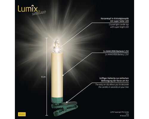 Lumix Superlight Minikerze Elfenbein mit Clip und Batterie, circa 9 cm hoch