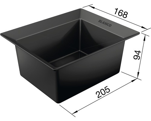 Schwarzes Spülbecken mit Größenangaben