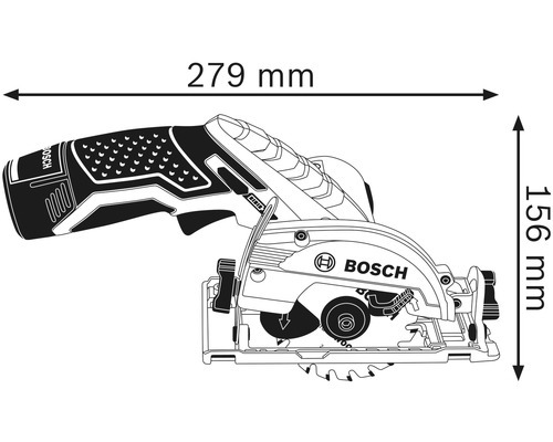 Abbildung einer Handkreissäge mit den Maßen 279 mm Länge und 156 mm Höhe.