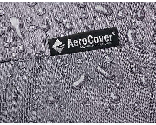 Nahaufnahme eines wasserabweisenden AeroCover-Schutzbezugs mit Wassertropfen und Herstellerlogo
