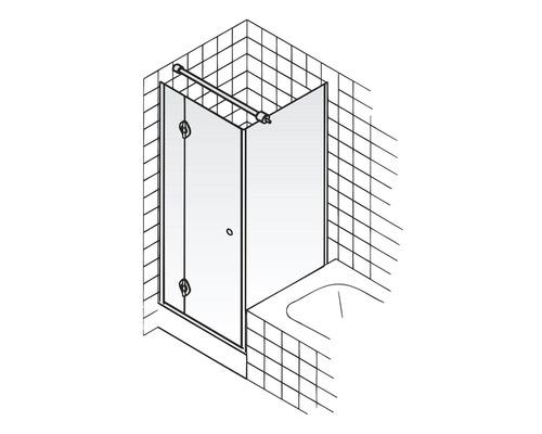 Skizze einer Badewannen Duschwand mit Stabilisationsstange im Badezimmer
