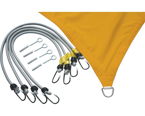 Gelbes Sonnensegel mit Spannseilen und Befestigungsmaterial