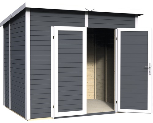 Grauer Holz Geräteschuppen mit geöffneten Türen