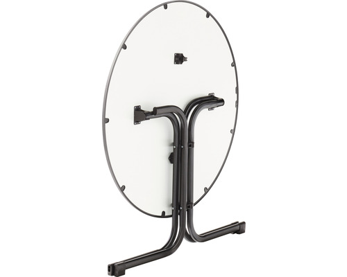 Runder Klapptisch mit Metallgestell von unten.