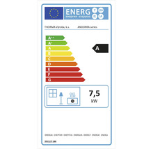 Energieeffizienzlabel für Thorma Andorra Kaminofen mit Energieeffizienzklasse A und 7,5 Kilowatt Heizleistung.