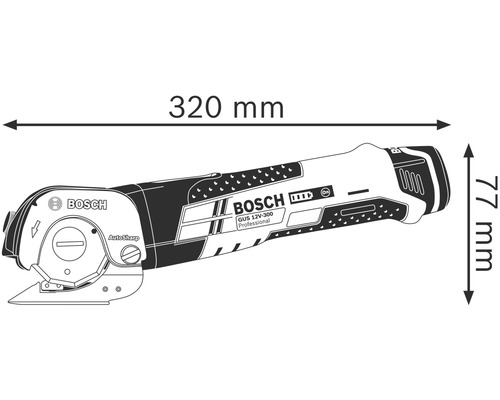 Bosch Akku-Universalschere GUS 12V-300 Professional mit den Maßen 320 mm Länge und 77 mm Höhe