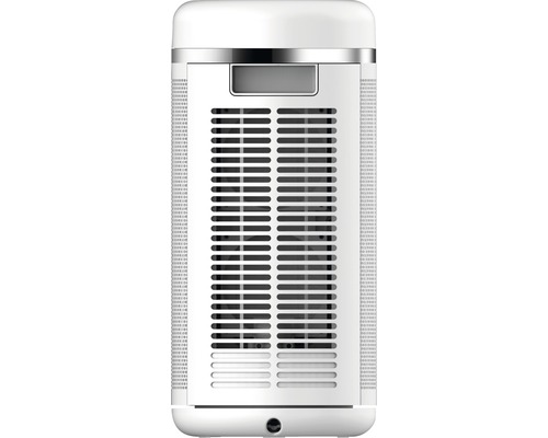 Weißer Heizlüfter mit horizontalen Lüftungsschlitzen.