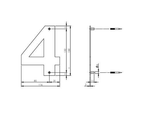 Technische Zeichnung Hausnummer 4 mit Maßangaben
