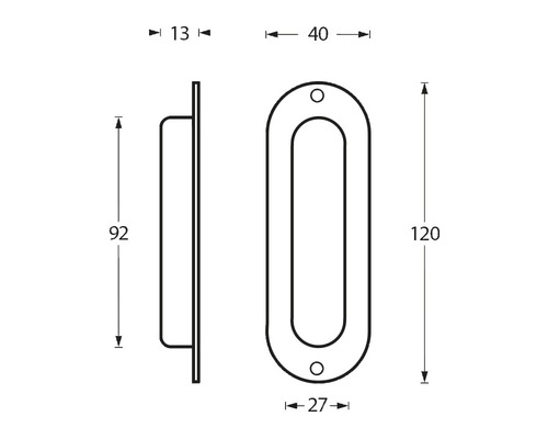 Technische Zeichnung eines Griffmuschel-Einlassgriffes mit Maßangaben.