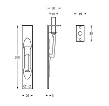 Technische Zeichnung eines Bolzenriegels mit Maßangaben