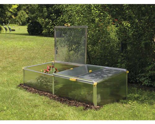 Frühbeetkasten mit teilweise geöffnetem Deckel im Garten