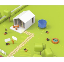 Illustration eines Gartens mit Rasenmäher Robotern, Haus, Trampolin und Pool