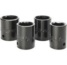 Vier Steckschlüsseleinsätze aus Chrom-Vanadium-Stahl in den Größen 17 mm, 19 mm, 21 mm und 22 mm