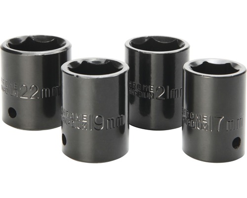 Vier Steckschlüsseleinsätze aus Chrom-Vanadium-Stahl in den Größen 17 mm, 19 mm, 21 mm und 22 mm