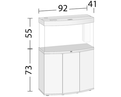 Aquarium mit Unterschrank und Maßangaben