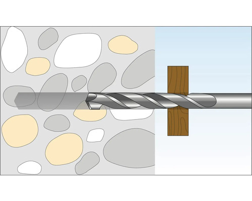 Bohrer bohrt durch ein Werkstück in eine Wand