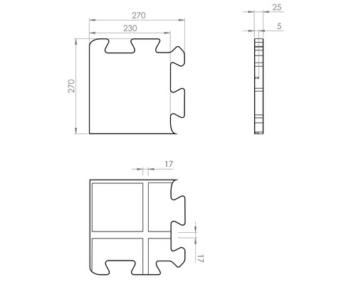 Technische Zeichnung einer Puzzleschaummatte mit Maßangaben