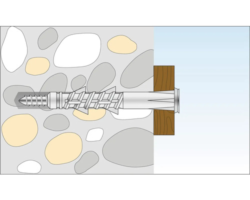 Illustration einer Universaldübelbefestigung in Stein und Holz.