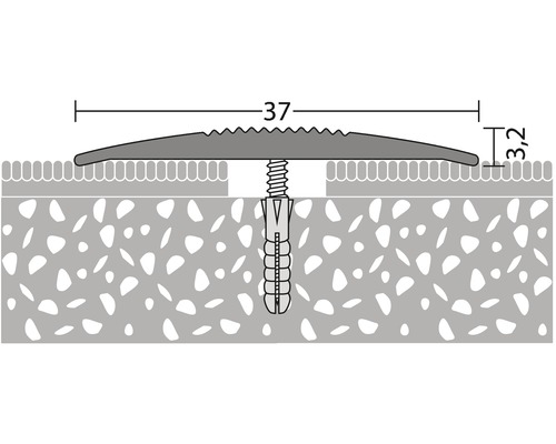 Befestigungsprofil mit Schraube und Dübel auf Boden dargestellt, Maßangaben 37 und 3,2.