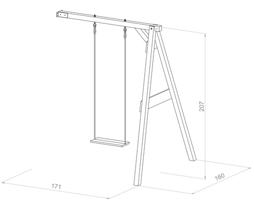 Technische Zeichnung einer Holzschaukel mit Maßangaben