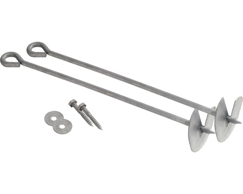 Zwei Erdnägel mit Schrauben und Unterlegscheiben