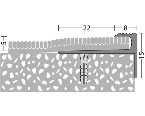 Skizze eines Teppichprofils mit den Maßen 22, 8 und 15 Millimeter.