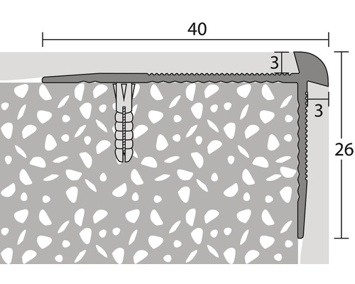 Illustration eines Treppenkantenprofils mit Abmessungen 40, 3 und 26 Millimeter