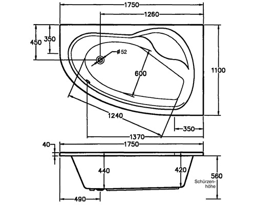 Technische Zeichnung einer Badewanne mit Maßen