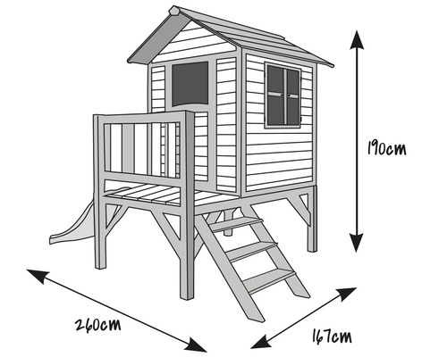 Spielhaus mit Rutsche, Treppe und den Maßen 190 cm Höhe, 260 cm Breite und 167 cm Tiefe.