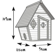 Illustration eines Spielhauses mit den Maßen 159 cm Höhe, 102 cm Breite und 94 cm Tiefe.