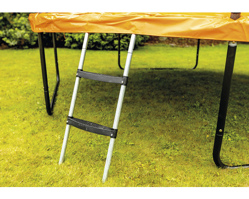 Trampolin mit Leiter im Garten.