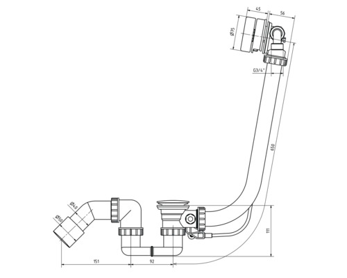 Technische Zeichnung eines Siphon mit Maßangaben