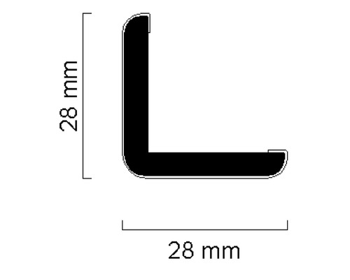 Technische Zeichnung eines Winkelprofils mit den Maßen 28 mm x 28 mm
