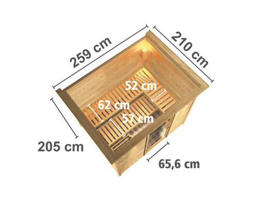 Abmessungen der Sauna von oben: 259 cm, 210 cm, 205 cm, 65,6 cm, 62 cm, 57 cm, 52 cm