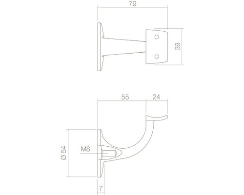 Technische Zeichnung eines Handlaufhalters mit Maßangaben