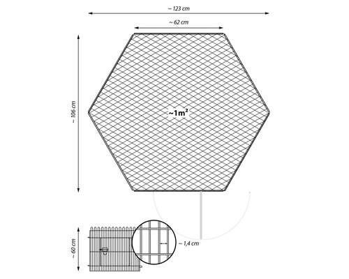 Technische Zeichnung eines sechseckigen Hühnerzauns mit den Maßen 123 cm Breite, 106 cm Höhe, 62 cm Länge, 1 Quadratmeter Fläche und 1,4 cm Maschenweite sowie einer Zaunhöhe von 60 cm