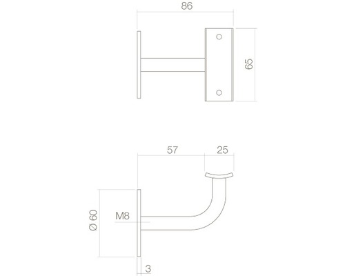 Technische Zeichnung eines Geländerhalters mit Maßangaben