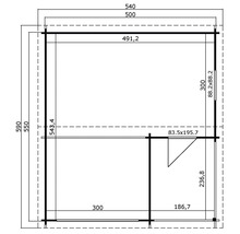 Grundrisszeichnung eines Gartenhauses mit Maßangaben.